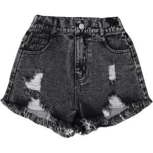 image:imageFloerns Girls Ripped Raw Hem Elastic Waist Straight Leg Denim Shorts with PocketsBlack