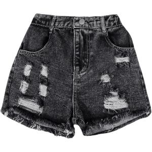 image:imageFloerns Girls Ripped Raw Hem Elastic Waist Straight Leg Denim Shorts with PocketsDark Grey