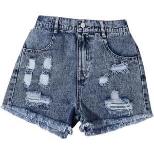 image:imageFloerns Girls Ripped Raw Hem Elastic Waist Straight Leg Denim Shorts with PocketsDark Wash