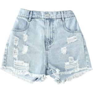 image:imageFloerns Girls Ripped Raw Hem Elastic Waist Straight Leg Denim Shorts with PocketsLight Wash