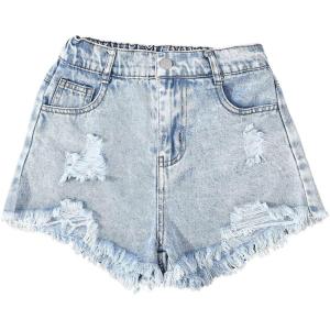 image:imageFloerns Girls Ripped Raw Hem Elastic Waist Straight Leg Denim Shorts with PocketsLight Wash Solid