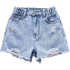 image:imageFloerns Girls Ripped Raw Hem Elastic Waist Straight Leg Denim Shorts with PocketsPlain Blue