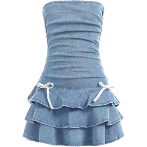 image:imageFloerns Girls Ruched Strapless Tube Top Bowknot Denim Dress Cute Tiered DressLight Wash