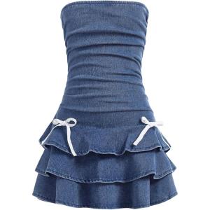 image:imageFloerns Girls Ruched Strapless Tube Top Bowknot Denim Dress Cute Tiered DressMedium Wash