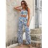 image:imageFloerns Womens 2 Piece Summer Outfit Floral Print Knot Shoulder Zip Back Crop Cami Top and Maxi Pants SetBlue White Flower