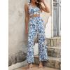 image:imageFloerns Womens 2 Piece Summer Outfit Floral Print Knot Shoulder Zip Back Crop Cami Top and Maxi Pants SetBlue White Flower