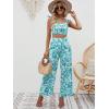 image:imageFloerns Womens 2 Piece Summer Outfit Floral Print Knot Shoulder Zip Back Crop Cami Top and Maxi Pants SetMint Blue and White
