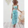 image:imageFloerns Womens 2 Piece Summer Outfit Floral Print Knot Shoulder Zip Back Crop Cami Top and Maxi Pants SetMint Blue and White