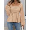 image:imageFloerns Womens Bishop Long Sleeve Ruched Square Neck Ruffle Hem Peplum Blouse TopKhaki