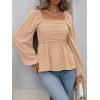 image:imageFloerns Womens Bishop Long Sleeve Ruched Square Neck Ruffle Hem Peplum Blouse TopKhaki