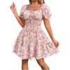 image:imageFloerns Womens Boho Square Neck Puff Short Sleeve Self Tie Front A Line DressA Pink