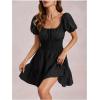 image:imageFloerns Womens Boho Square Neck Puff Short Sleeve Self Tie Front A Line DressBlack