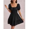 image:imageFloerns Womens Boho Square Neck Puff Short Sleeve Self Tie Front A Line DressBlack