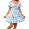 image:imageFloerns Womens Boho Square Neck Puff Short Sleeve Self Tie Front A Line DressBlue