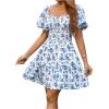 image:imageFloerns Womens Boho Square Neck Puff Short Sleeve Self Tie Front A Line DressBlue