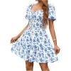 image:imageFloerns Womens Boho Square Neck Puff Short Sleeve Self Tie Front A Line DressBlue