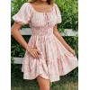image:imageFloerns Womens Boho Square Neck Puff Short Sleeve Self Tie Front A Line DressFloral Pink