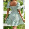 image:imageFloerns Womens Boho Square Neck Puff Short Sleeve Self Tie Front A Line DressGreen a