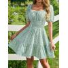 image:imageFloerns Womens Boho Square Neck Puff Short Sleeve Self Tie Front A Line DressGreen a
