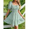 image:imageFloerns Womens Boho Square Neck Puff Short Sleeve Self Tie Front A Line DressGreen a