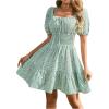image:imageFloerns Womens Boho Square Neck Puff Short Sleeve Self Tie Front A Line DressGreen a