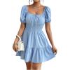 image:imageFloerns Womens Boho Square Neck Puff Short Sleeve Self Tie Front A Line DressLight Blue