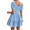 image:imageFloerns Womens Boho Square Neck Puff Short Sleeve Self Tie Front A Line DressLight Blue