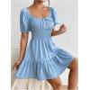 image:imageFloerns Womens Boho Square Neck Puff Short Sleeve Self Tie Front A Line DressLight Blue