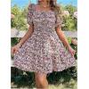 image:imageFloerns Womens Boho Square Neck Puff Short Sleeve Self Tie Front A Line DressMulti Black Pink