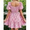 image:imageFloerns Womens Boho Square Neck Puff Short Sleeve Self Tie Front A Line DressPink Multi