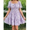 image:imageFloerns Womens Boho Square Neck Puff Short Sleeve Self Tie Front A Line DressPurple Floral