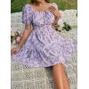 image:imageFloerns Womens Boho Square Neck Puff Short Sleeve Self Tie Front A Line DressPurple Floral