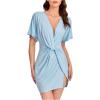 image:imageFloerns Womens Deep V Neck Twisted Plunging High Slit Mini Party DressLight Blue
