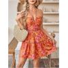 image:imageFloerns Womens Floral Sleeveless Halter Dress Milkmaid Flare Hem Boho Mini DressBurnt Orange