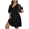 image:imageFloerns Womens Plus Size Contrast Mesh Half Flounce Sleeve V Neck Glitter Flared Hem A Line DressBlack