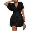 image:imageFloerns Womens Plus Size Contrast Mesh Half Flounce Sleeve V Neck Glitter Flared Hem A Line DressBlack Sequins