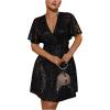 image:imageFloerns Womens Plus Size Contrast Mesh Half Flounce Sleeve V Neck Glitter Flared Hem A Line DressBlack Sequins
