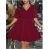 image:imageFloerns Womens Plus Size Contrast Mesh Half Flounce Sleeve V Neck Glitter Flared Hem A Line DressBurgundy