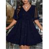 image:imageFloerns Womens Plus Size Contrast Mesh Half Flounce Sleeve V Neck Glitter Flared Hem A Line DressDeep Blue