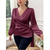 image:imageFloerns Womens Plus Size Satin Asymmetrical Wrap Tops Ruched V Neck Long Sleeve BlousesPurple