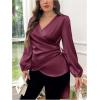 image:imageFloerns Womens Plus Size Satin Asymmetrical Wrap Tops Ruched V Neck Long Sleeve BlousesPurple