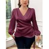 image:imageFloerns Womens Plus Size Satin Asymmetrical Wrap Tops Ruched V Neck Long Sleeve BlousesPurple