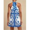 image:imageFloerns Womens Sleeveless Floral Print Sundress Halter Neck A Line Short DressBlue and White