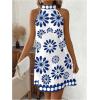image:imageFloerns Womens Sleeveless Floral Print Sundress Halter Neck A Line Short DressLake Blue and White