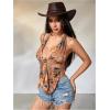 image:imageFloerns Womens Y2k Going Out Clubwear Halter Top Tie Backless Draped Cowl Deep V Neck Ring Top Cut Out Party Halter TopsBrown Multi