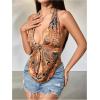 image:imageFloerns Womens Y2k Going Out Clubwear Halter Top Tie Backless Draped Cowl Deep V Neck Ring Top Cut Out Party Halter TopsBrown Multi
