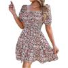 image:imageFloerns Womens Boho Square Neck Puff Short Sleeve Self Tie Front A Line DressMulti Black Pink