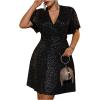 image:imageFloerns Womens Plus Size Contrast Mesh Half Flounce Sleeve V Neck Glitter Flared Hem A Line DressBlack Sequins