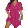 image:imageFloerns Womens Plus Size Contrast Mesh Half Flounce Sleeve V Neck Glitter Flared Hem A Line DressHot Pink