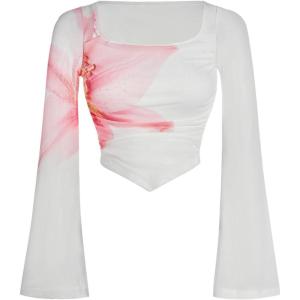 image:imageFloerns Girls Bell Long Sleeve Square Neck Asymmetrical Hem Mesh Ruched Crop Tops TeesSoft Pink
